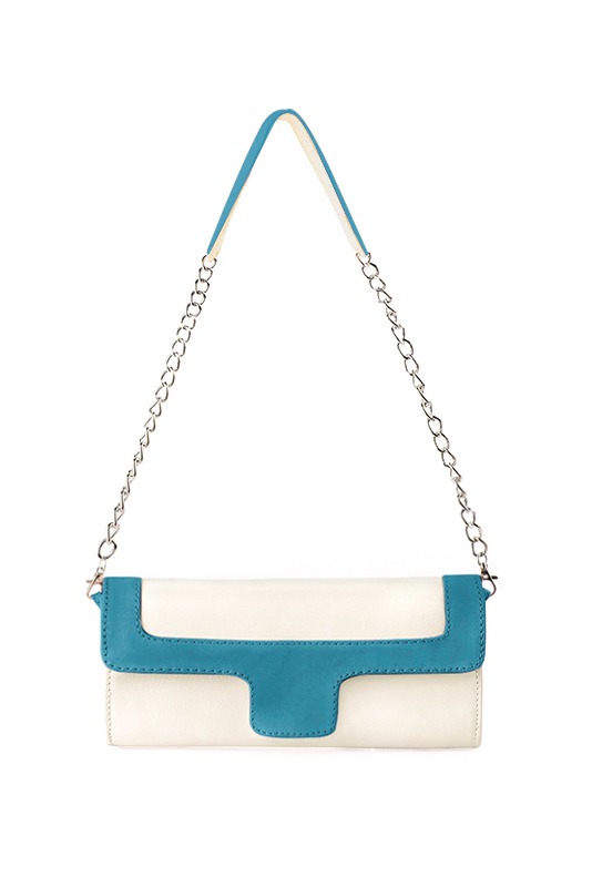 Dress clutch for wedding and parties in off white and peacock blue leather - Top view